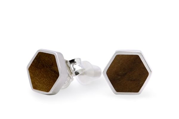 Ohrstecker-Hexagonb-Light-silber-Nussbaum